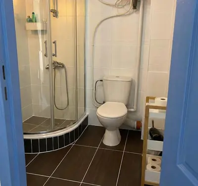 a bathroom with a shower and a toilet in it at Tiny Central Stay in Brussels