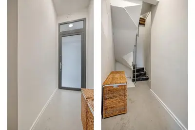 two pictures of a hallway with a door and a staircase at Cozy Stay in the Heart of Mechelen in Mechelen
