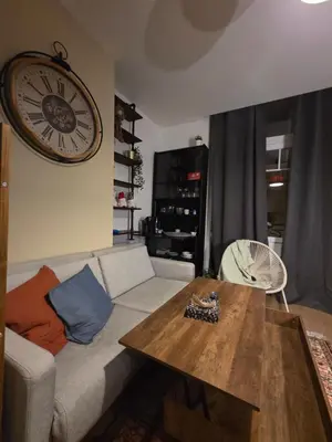 a living room with a couch and a clock on the wall at Pb155, balcony with street view in Brussels