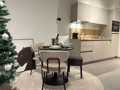 a kitchen with a table and chairs and a christmas tree at Appartement résidentiel à tour et taxi in Brussels
