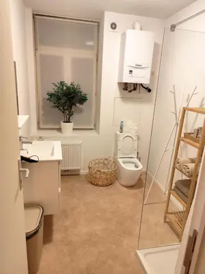 a small bathroom with a toilet and a window at Cozy Renovated Studio in Central Brussels in Brussels