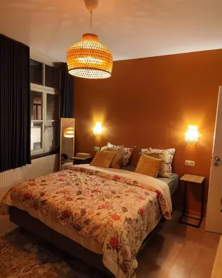 a bedroom with a bed and a chandelier at Cozy Renovated Studio in Central Brussels in Brussels