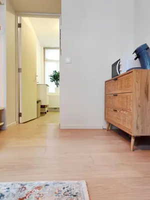 a room with a wooden dresser with a tv on it at Cozy Renovated Studio in Central Brussels in Brussels