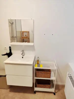 a bathroom with a white sink and a mirror at Cozy Renovated Studio in Central Brussels in Brussels