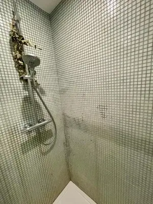 a shower in a bathroom with white tiled walls at Cozy studio-city center in Brussels