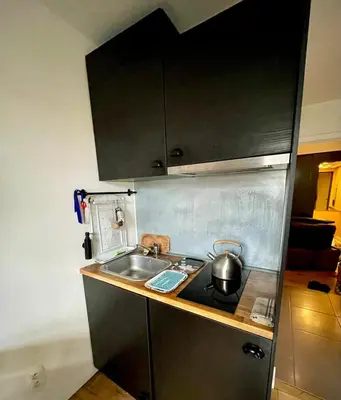 a kitchen with a sink and a pot on the stove at Cozy studio-city center in Brussels