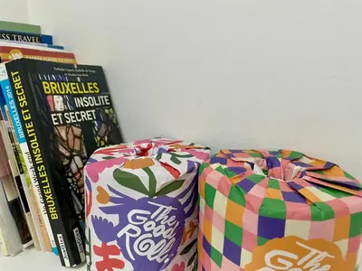 two boxes sitting on a shelf next to books at Cozy studio-city center in Brussels