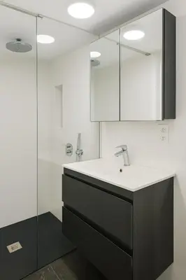 a bathroom with a sink and a glass shower at Modern Loft 1BR Sofa Bed 10min to Center in Brussels