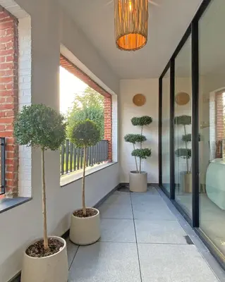 two potted trees in a hallway with a chandelier at LoftAnno1940 in Lokeren