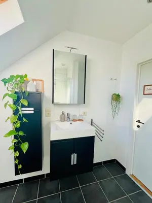 a bathroom with a sink and a mirror at Ruime studio met eigen ingang en private badkamer in Opwijk