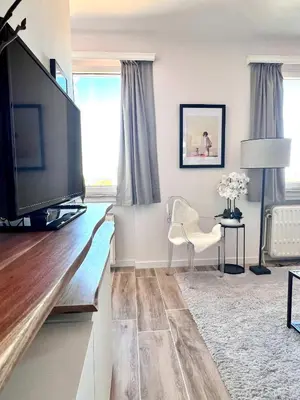 a living room with a large flat screen tv at Lovely appartment - Heart of Brussels for 2 view over the city in Brussels