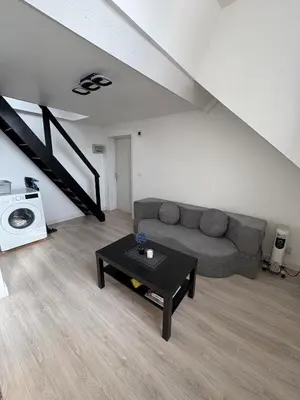 a living room with a couch and a table at Duplex near Brussels Airport with washing machine in Vilvoorde