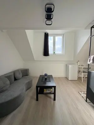 a living room with a couch and a table at Duplex near Brussels Airport with washing machine in Vilvoorde