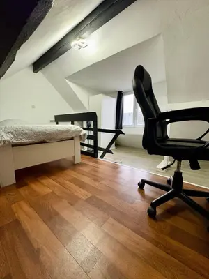 a room with a chair and a bed and a desk at Duplex near Brussels Airport with washing machine in Vilvoorde