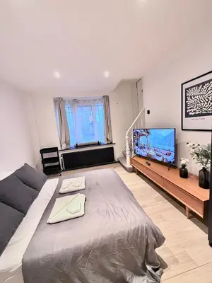 a bedroom with a large bed and a television at European Quarter Studio in Brussels