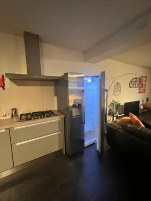 a kitchen with a stainless steel refrigerator and a stove at Maison Melis Antwerp in Antwerp