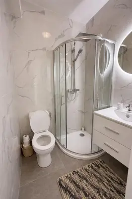a bathroom with a shower and a toilet and a sink at Calm & Stylish Apartment Atomium Area Bruxelles in Wemmel