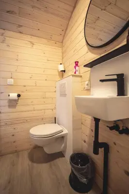 a bathroom with a white toilet and a sink at Laurel & Hardy in Mechelen