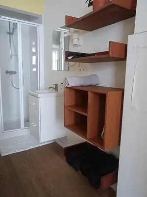 a small bathroom with a sink and a shower at Excelente localização in Brussels