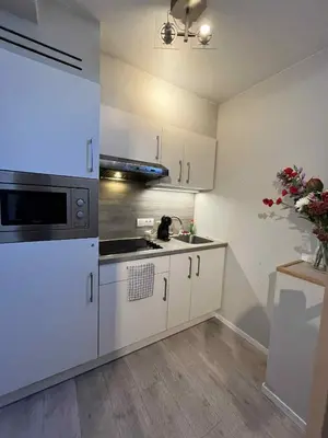 a kitchen with white cabinets and a sink and a microwave at sint-pietersplein duplex 9 in Ghent