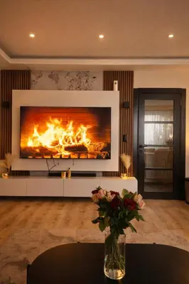 a fireplace in a living room with a fire at Tomorrowland Luxury Apartment in Boom