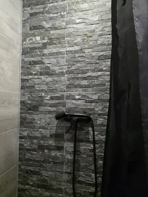 a bathroom with a shower with a stone wall at Tomorrowland Luxury Apartment in Boom