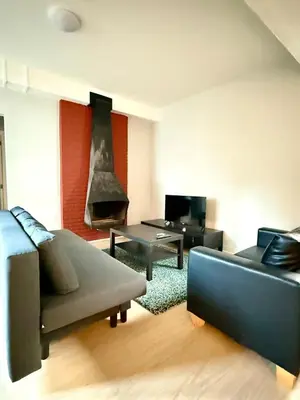 a living room with a couch and a fireplace at 3 min to the Grand-Place 6 min to Manneken Pis & Sleeps 6 in Brussels