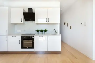 a white kitchen with white cabinets and black appliances at Beautiful loft in Antwerp Berchem in Antwerp