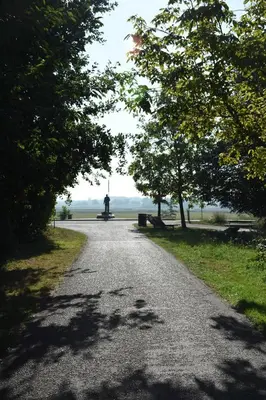 a gravel road with trees and a statue in the distance at De Durme in Temse