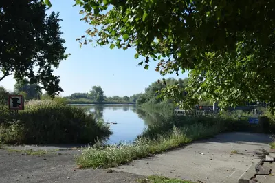 a view of a river from a park with trees at De Durme in Temse