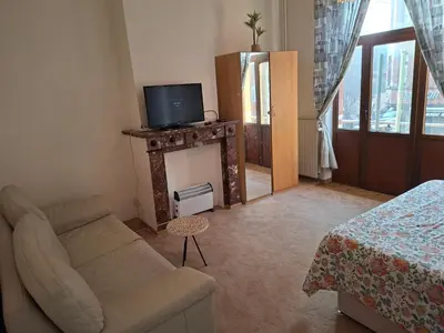 a living room with a couch and a tv on a fireplace at Chambres et appartement dans un immeuble in Brussels