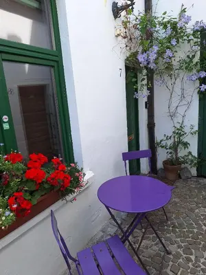 a purple table and chairs next to a window with flowers at the hobbit house in Antwerp