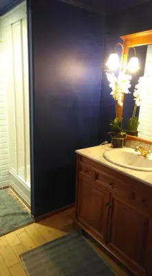 a bathroom with a sink and a mirror at the hobbit house in Antwerp