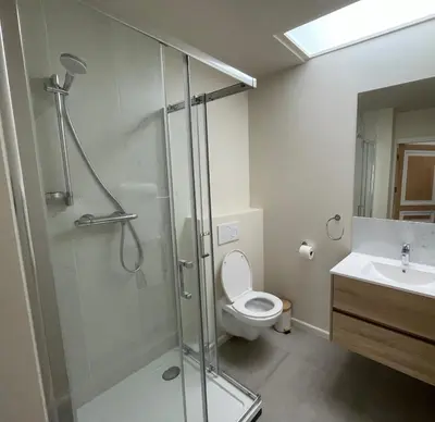 a bathroom with a shower and a toilet and a sink at Rooms Brussels Airport- 'The Good Place' in Zaventem
