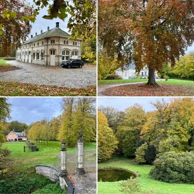 four different pictures of a house and a tree at Logies Het Koetshuis in Herentals