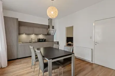 a kitchen and dining room with a black table and chairs at Antwerp Parkside apartments in Antwerp