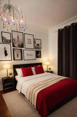 a bedroom with a large bed and a chandelier at Euro Edens Cosy Historic Home in Brussels Jacuzzi, Garden, Central Location in Brussels