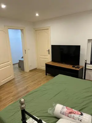 a bedroom with a bed and a flat screen tv at Sisel Apart House in Temse