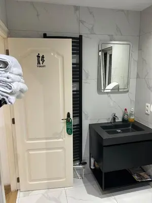 a bathroom with a white door and a sink at Sisel Apart House in Temse