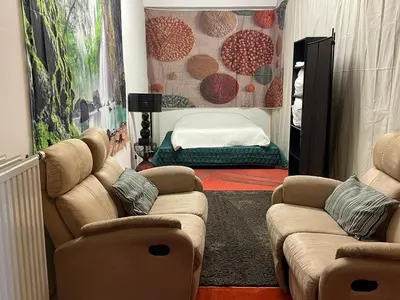 a living room with two couches and a bed at River City in Beersel
