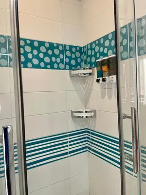 a bathroom with a shower with blue and white stripes at River City in Beersel