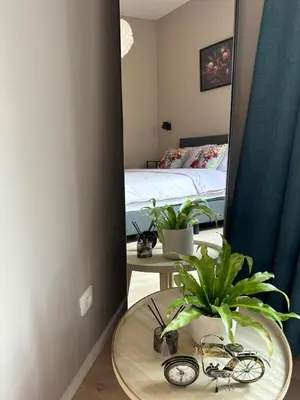 a room with a mirror and a table with plants at Modern apartment - Lier in Lier