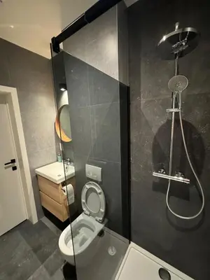 a bathroom with a shower and a toilet and a sink at Modern apartment - Lier in Lier