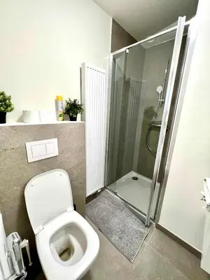 a bathroom with a toilet and a shower at Elegant Apartment Near Atomium Ideal for Families in Brussels