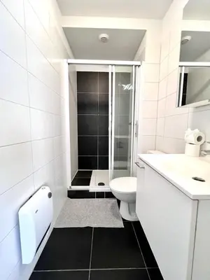 a white bathroom with a toilet and a shower at Stunning Central Studio 2 Min from Grand Place in Brussels