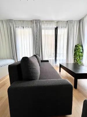 a living room with a couch and a coffee table at Lovely Studio with Balcony by Grand Place for 4 in Brussels
