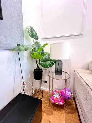 a living room with a lamp and a plant at Cosy Family Apartment for up to 9 guests near Brussels Midi Station in Brussels