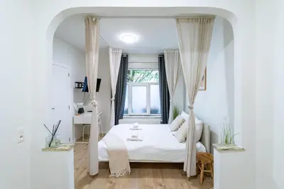 a white bedroom with a canopy bed with a window at Studio idéal pour visiter Bruxelles in Brussels