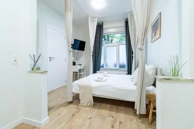 a white bedroom with a canopy bed with a window at Studio idéal pour visiter Bruxelles in Brussels