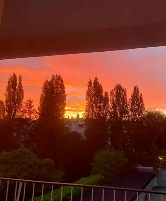 a sunset from a balcony with trees in the foreground at Apparemment 1 chambre in Brussels